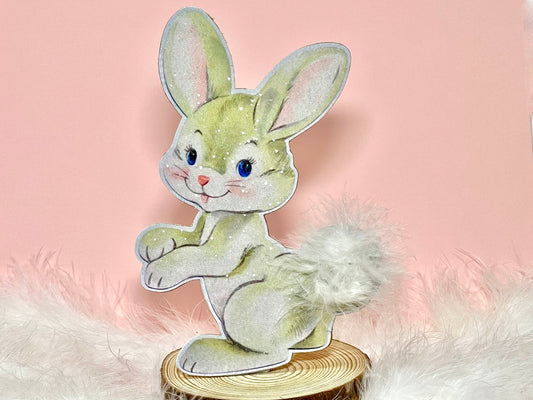 Handmade Easter Bunny Standee Decor w/ Fluffy Tail & Glitter, Cute Spring Shelf Sitter Decor