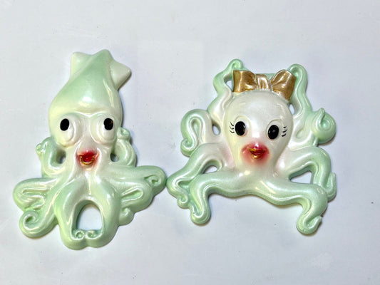 Retro Style Chalkware Octopus & Squid Wall Art Plaques,  Kitschy Retro style Anthropomorphic Fish
