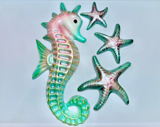 Mid Century Style Chalkware Seahorse & Bubbles Wall Art Plaques, Large