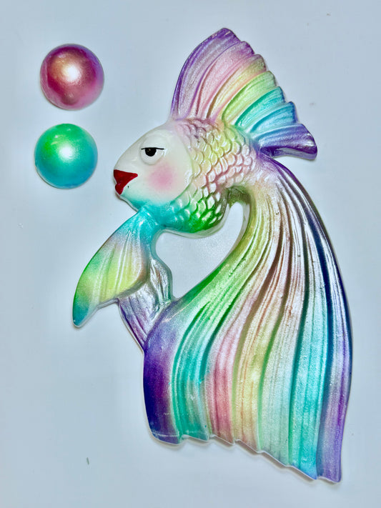 Anthropomorphic Rainbow Lusterware MCM Vintage Style Chalkware Wall Art Fish & Bubbles