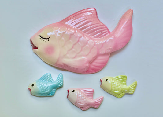 Pastel Mid Century Style Chalkware Fish Wall Art Plaques For Bathroom or Beach House, Great Mid Century Style Decor
