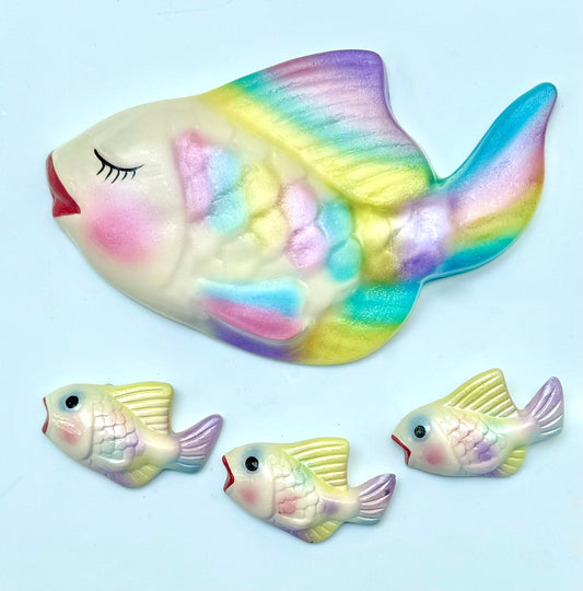 Retro Style Chalkware Fish Wall Art Plaques in Rainbow, Mid century Style Decor