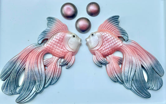 Large Coral & Black Vintage Style Chalkware Goldfish/ Koi Wall Plaque set w/ Bubbles,  Kitschy Mid Century Decor