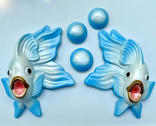 Retro Chalkware Fish & Bubble Wall Art in Blue & White,  Vintage Style Goldfish/ Koi Wall Art