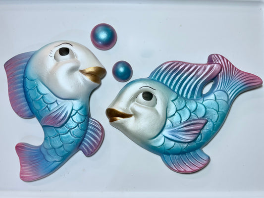 Vintage Style Fish & Bubble Chalkware Wall Art-- Fun Anthropomorphic Wall Plaques