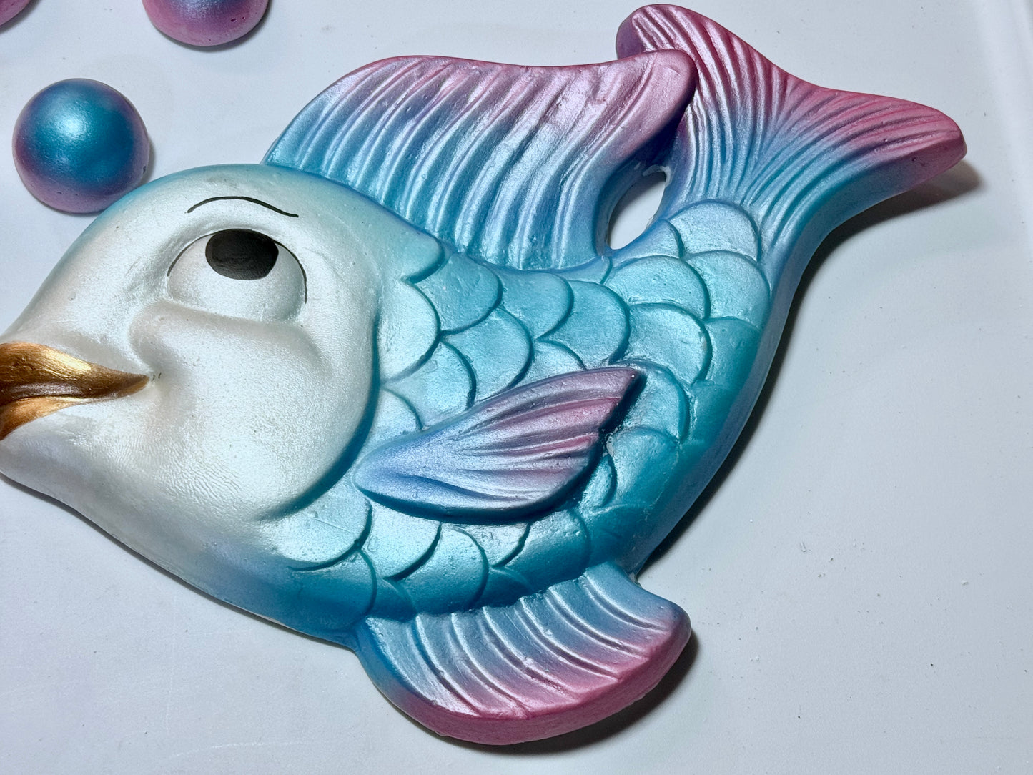 Vintage Style Fish & Bubble Chalkware Wall Art-- Fun Anthropomorphic Wall Plaques