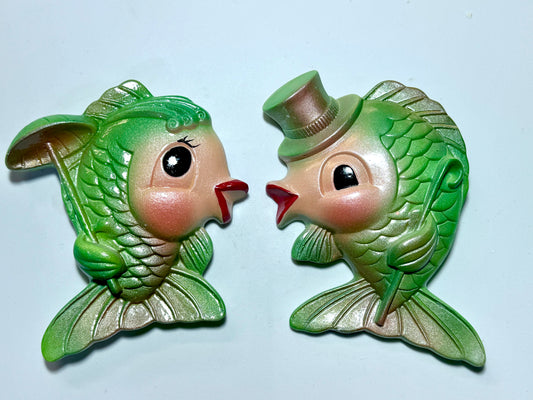 Kitschy Green Anthropomorphic Vintage Style Chalkware Fish Wall Plaques of Mr & Mrs Fish