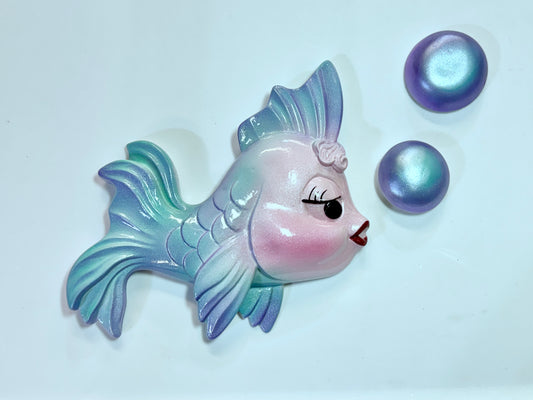 Mid Century Style Anthropomorphic Chalkware Wall Art Fish & Bubbles Set