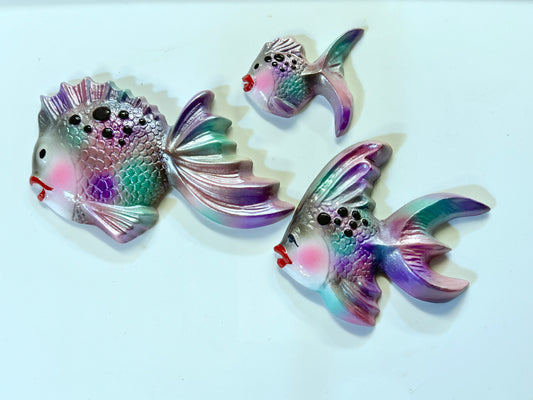 Mid Century Style Black & Rainbow Chalkware Fish Set, Fun Retro Style Wall Art Decor