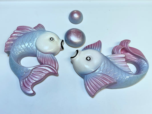 Pink & Purple Vintage Style Chalkware Goldfish/ Koi Wall Plaque set w/ Bubbles,  Kitschy Mid Century Look, Goldfish KOI (Copy)