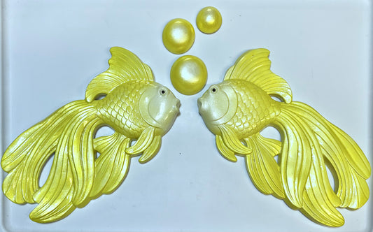 Large Yellow Vintage Style Chalkware Goldfish/ Koi Wall Plaque set w/ Bubble,  Kitschy Mid Century Decor