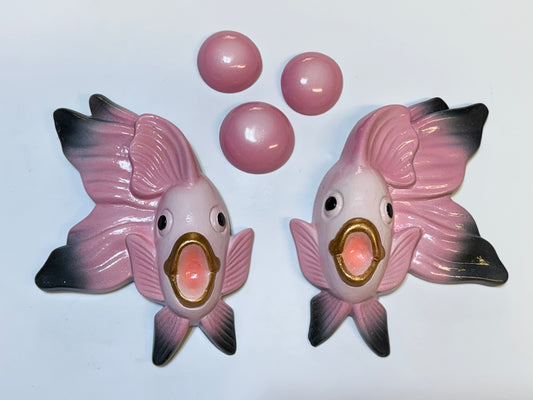 Vintage Style Chalkware Fish & Bubble Wall Art in Pink & Black, Retro Style Goldfish/ Koi Wall Art