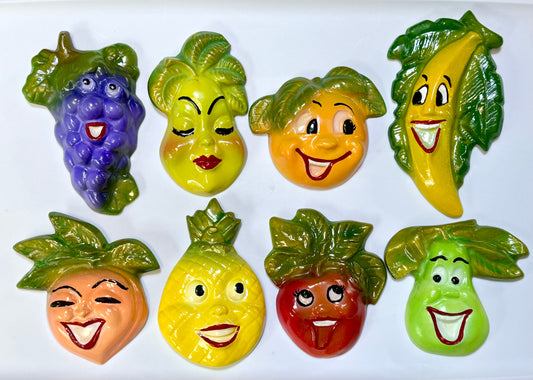 Retro Anthropomorphic Fruit Chalkware Wall Plaques Set-- Cute for Kitchen Decor