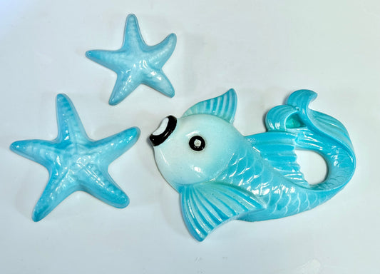 Blue Vintage Style Chalkware Goldfish/ Koi Wall Plaque set w/ Starfish,  Kitschy Mid Century Look