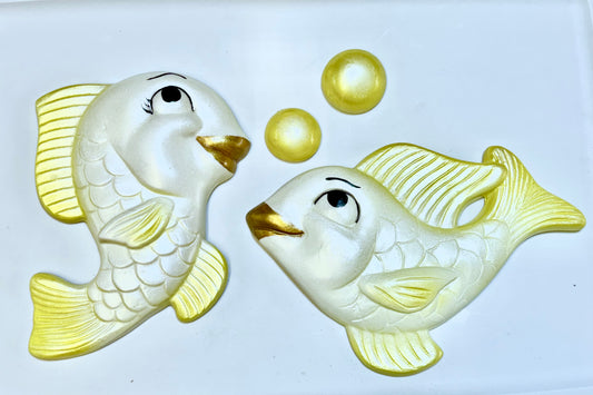 Kitschy Yellow Chalkware Fish & Bubbles-- Fun Anthropomorphic Wall Plaques