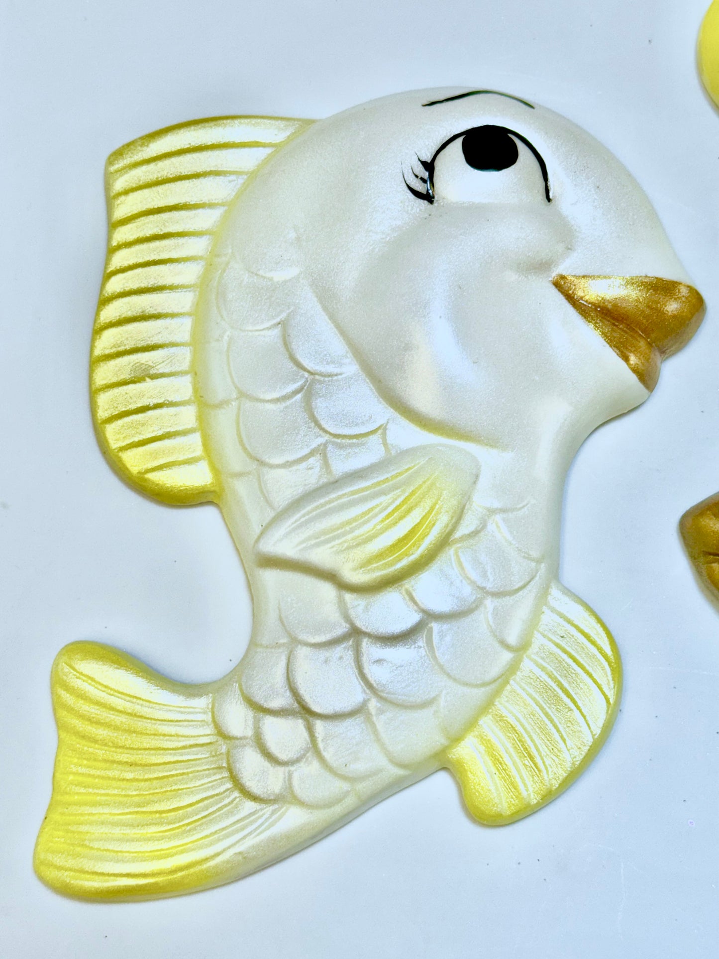 Kitschy Yellow Chalkware Fish & Bubbles-- Fun Anthropomorphic Wall Plaques