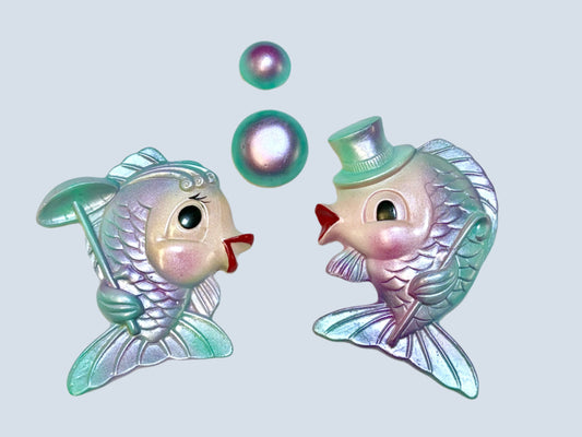 Kitschy Purple & Green Anthropomorphic Vintage Style Chalkware Fish Wall Plaques of Mr & Mrs Fish