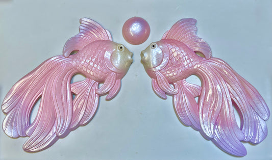 Large Pink & Purple Vintage Style Chalkware Goldfish/ Koi Wall Plaque set w/ Bubble,  Kitschy Mid Century Decor