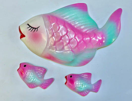 Pink & Teal Mid Century Style Chalkware Fish Wall Art Plaques For Bathroom or Beach House, Great Mid Century Style Decor