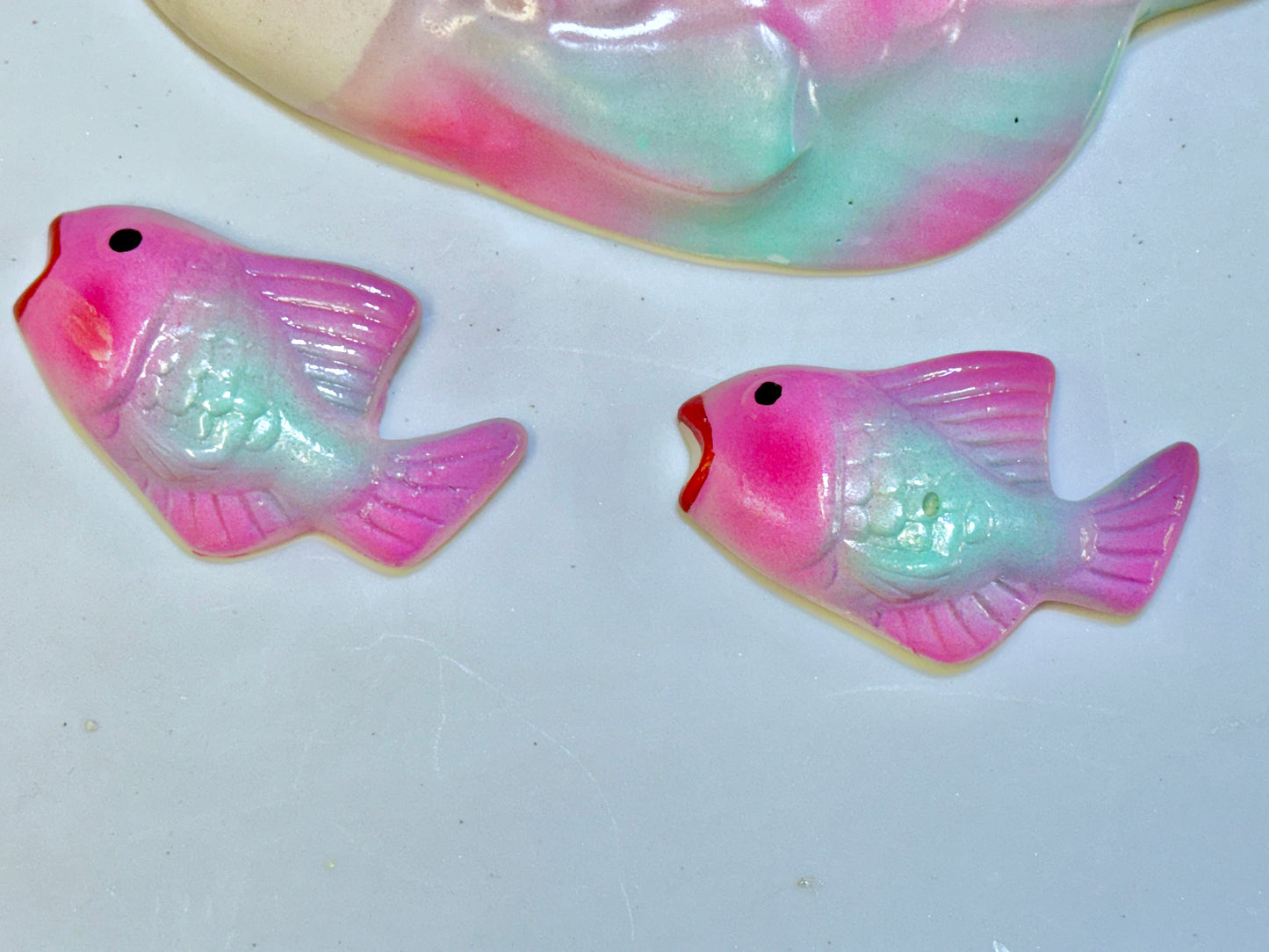 Pink & Teal Mid Century Style Chalkware Fish Wall Art Plaques For Bathroom or Beach House, Great Mid Century Style Decor