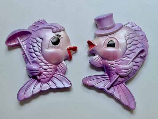 Kitschy Purple & Pink Anthropomorphic Vintage Style Chalkware Fish Wall Plaques of Mr & Mrs Fish (Copy)