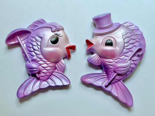 Kitschy Purple & Pink Anthropomorphic Vintage Style Chalkware Fish Wall Plaques of Mr & Mrs Fish