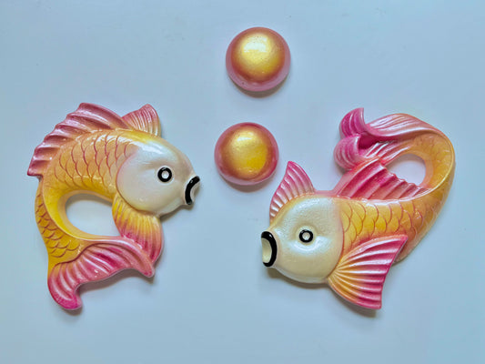 Pink & Orange Vintage Style Chalkware Goldfish/ Koi Wall Plaque set w/ Bubbles,  Kitschy Mid Century Look, Goldfish KOI