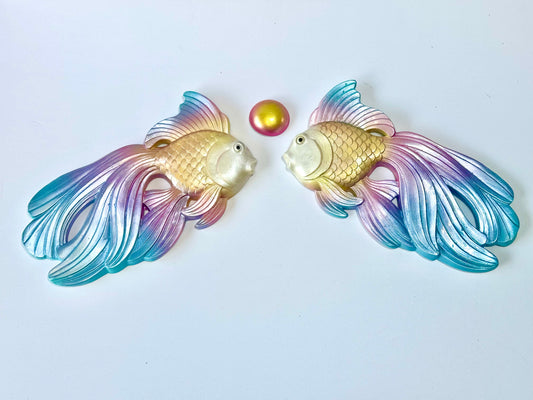 Large Sunset Color Vintage Style Chalkware Goldfish/ Koi Wall Plaque set w/ Bubble,  Kitschy Mid Century Decor