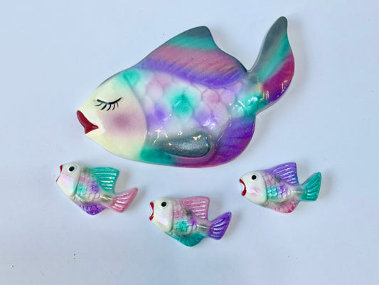 Black & Teal Mid Century Style Chalkware Fish Wall Art Plaques For Bathroom or Beach House, Great Mid Century Style Decor