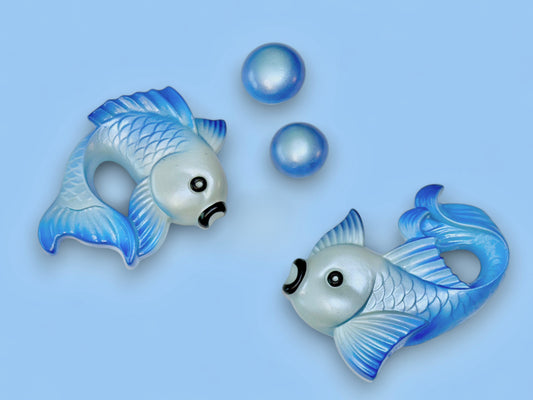 Vintage Style Chalkware Goldfish/ Koi Wall Plaque set w/ Bubbles in Blue