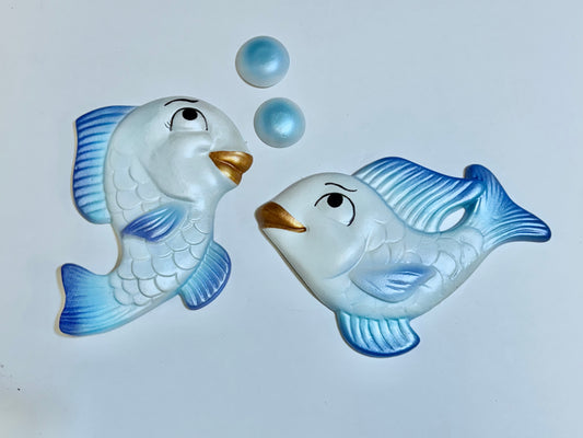 Anthropomorphic Blue Chalkware Fish & Bubbles-- Fun Kitschy Decor