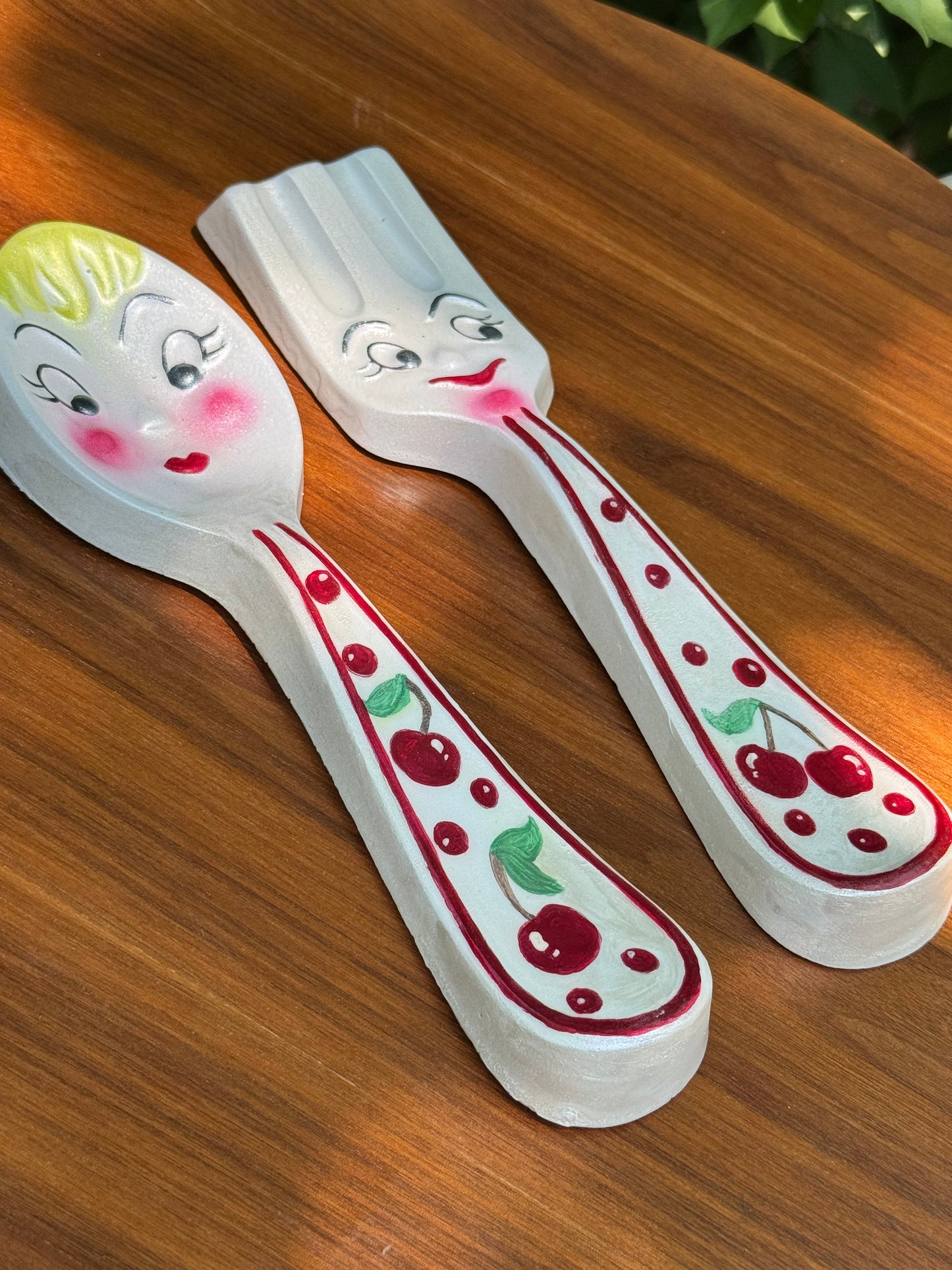 Cute Vintage Style Anthropomorphic Fork & Spoon with Handpainted Cherry Design