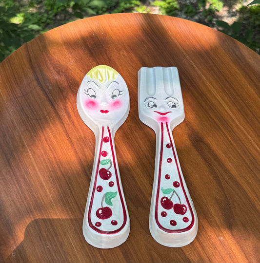 Cute Vintage Style Anthropomorphic Fork & Spoon with Handpainted Cherry Design
