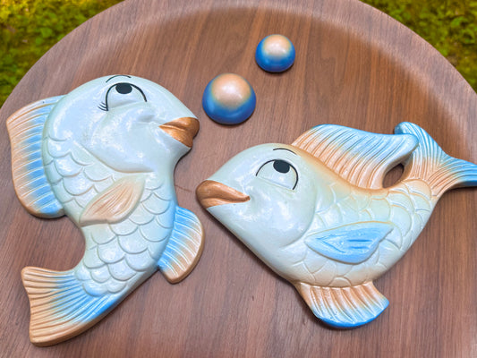 Pastel Blue & Peach Chalkware Fish Wall Plaques – Retro Mid-Century Bathroom Decor