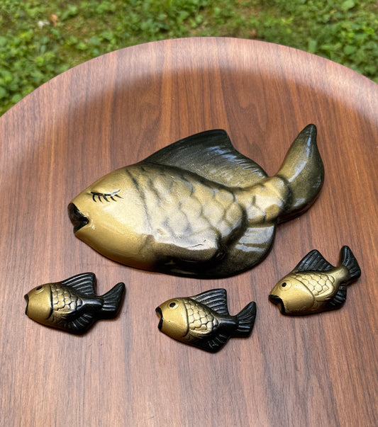 Black & Gold  Chalkware Mom & Baby Fish Wall Plaques