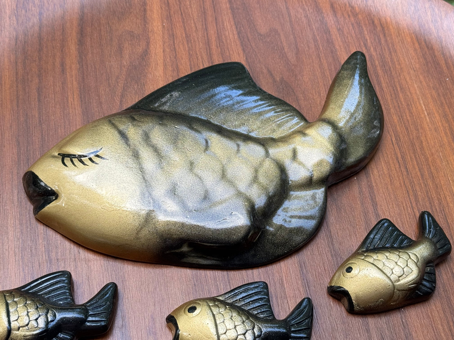 Black & Gold  Chalkware Mom & Baby Fish Wall Plaques