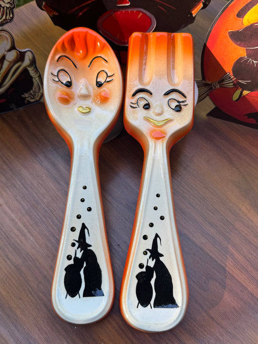 Halloween Themed Chalkware Fork & Spoon Wall Plaques Featuring Handpainted Witch