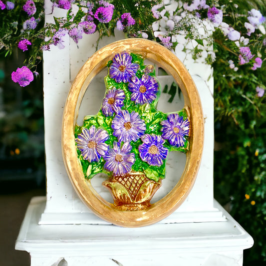 Shabby Chic Floral Vintage-Style Chalkware Flower Basket Wall Plaque