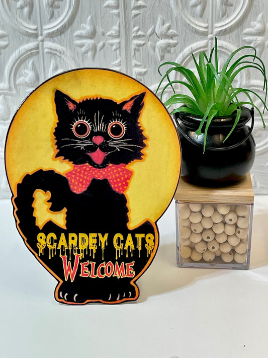 Kitschy Retro Halloween Black Cat Decor,  Vintage Halloween Standee
