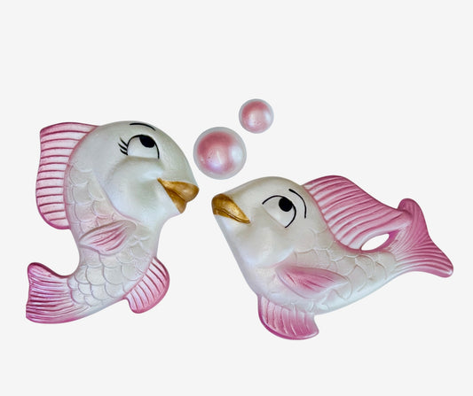 Large Pink Chalkware Fish & Bubble Kitschy Anthropomorphic Wall Plaques
